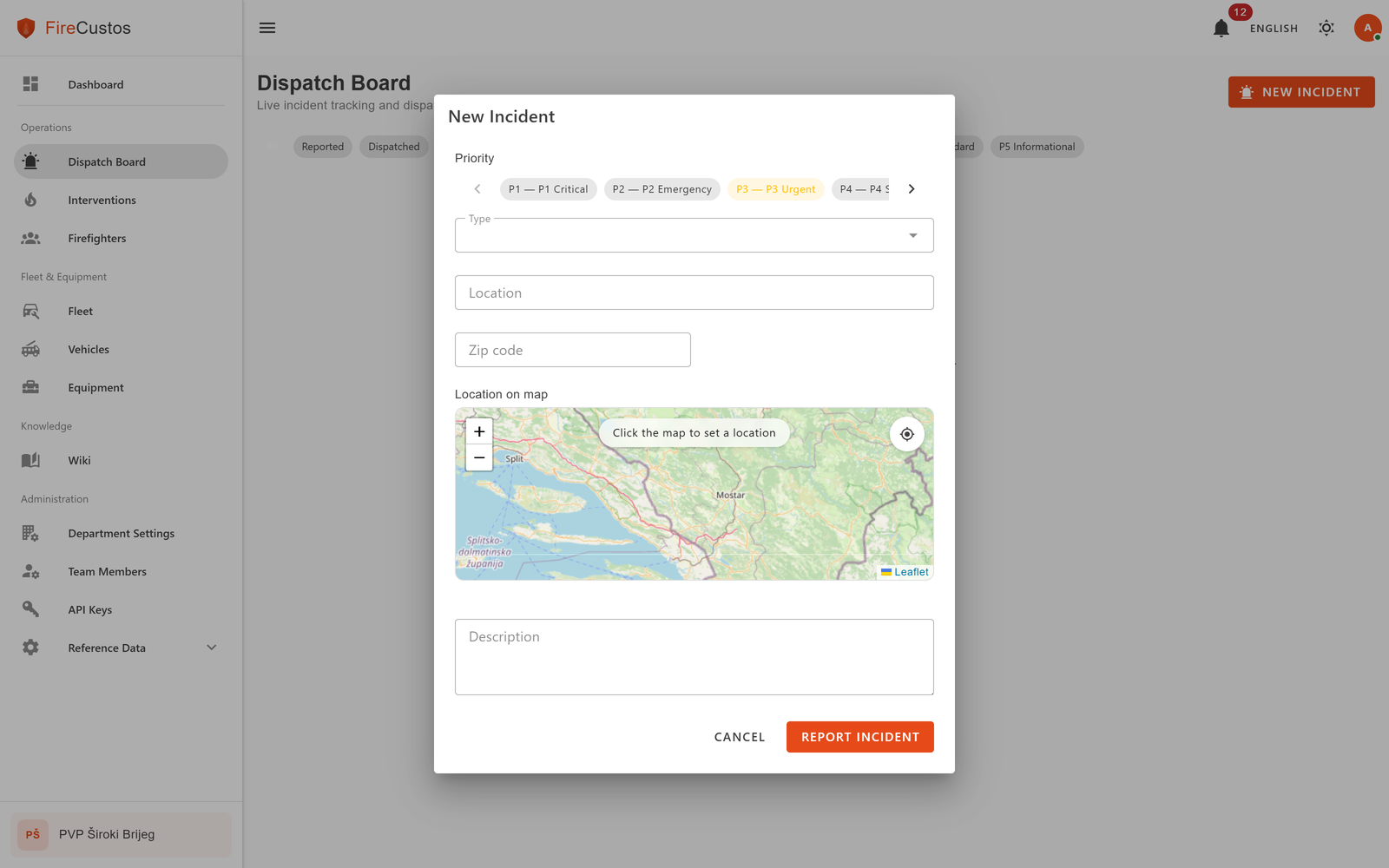 Dojavna ploča s formom za prijavu incidenta i kartom